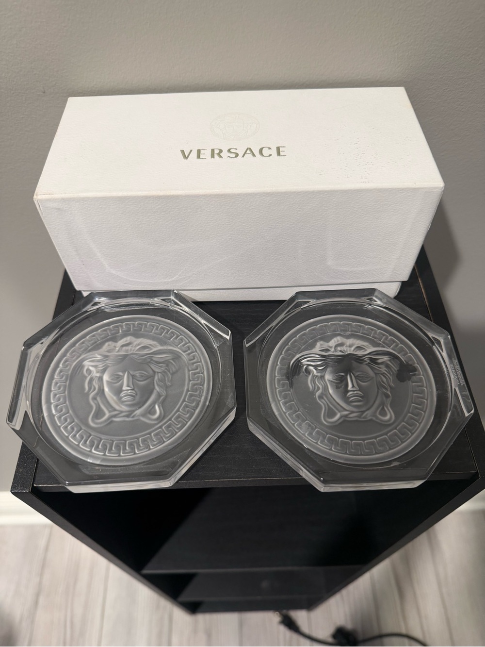 Versace Clear Glass Medusa Ashtray Pair in Transparent Crystal